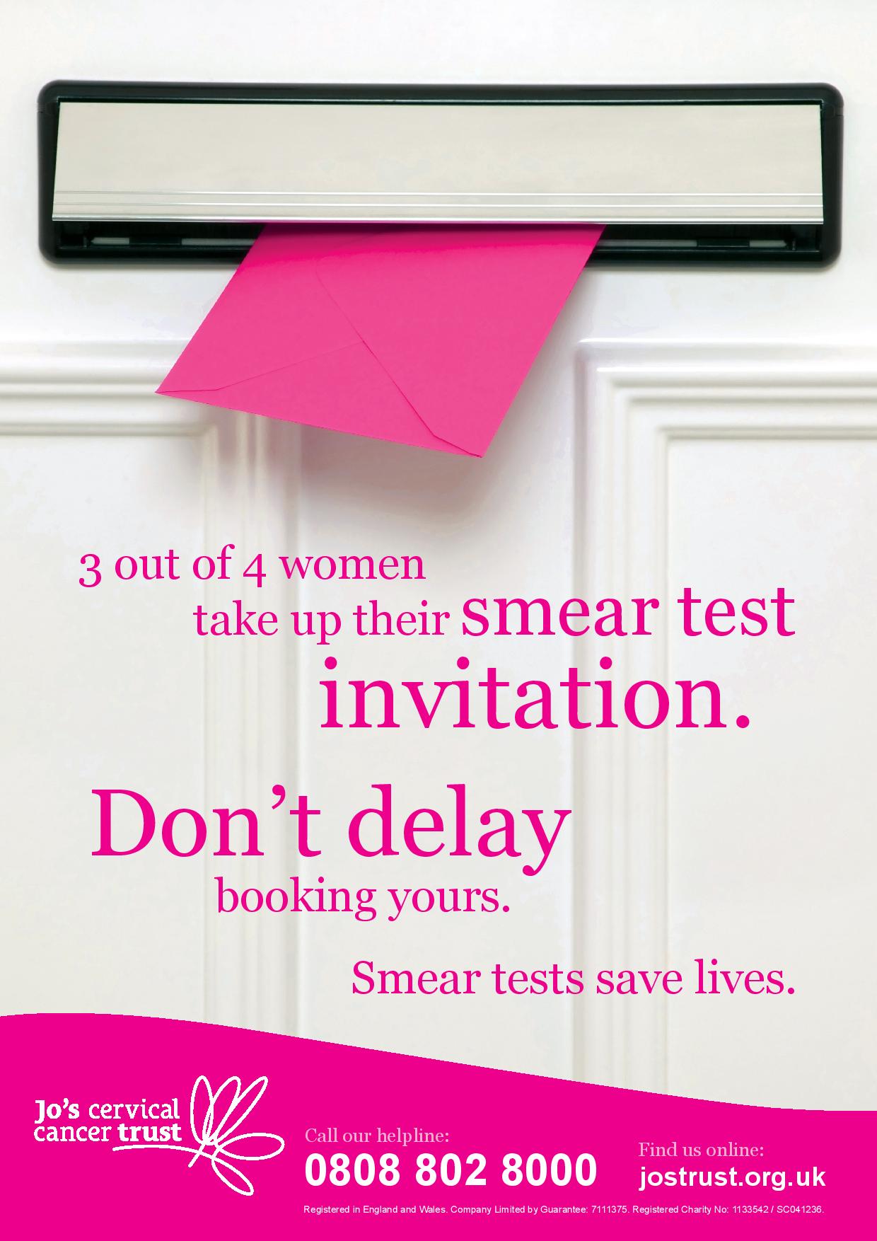 3 out of 4 women take up their smear test invitation. Don't delay booking yours. Smear tests save lives.